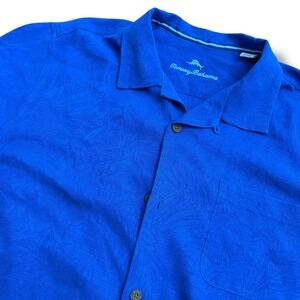 Tommy Bahama Mens XL Blue 100% Silk Tonal Leaf Jacquard Short Sleeve Camp Shirt